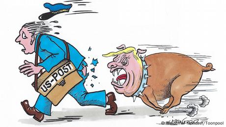 Donald Trump, dressed as an attack dog, chases a harassed postman (Waldemar Mandzel / Toonpool cartoon)