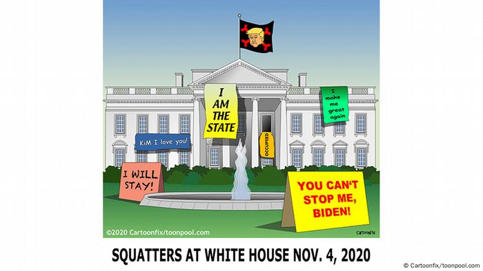Gedung Putih dengan bendera Trump di depan dan tanda berutliskan Aku akan tinggal!, KIM, aku mencintaimu!, Akua adalah negara, Aku membuat diriku lebih hebat lagi dan Kamu tidak bisa menghentikanku, Biden! (Cartoonfix/toonpool.com)