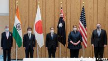 India's Foreign Minister Subrahmanyam Jaishankar, Japan's counterpart Toshimitsu Motegi, Japan's Prime Minister Yoshihide Suga, Australian Foreign Minister Marise Payne and U.S. Secretary of State Mike Pompeo pose for a picture before the meeting at the prime miniter's office in Tokyo, Japan October 6, 2020. Nicolas Datiche/Pool via REUTERS
