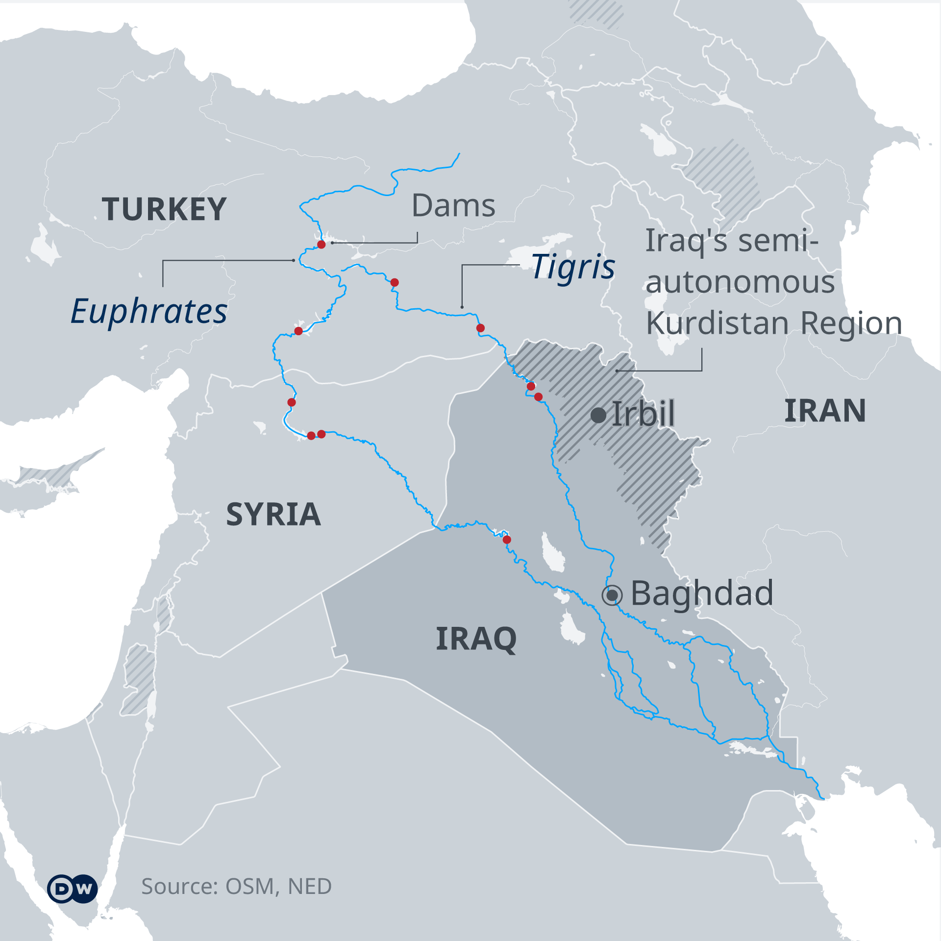 Map showing existing dams on the Euphrates and Tigris rivers