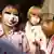 Young Japanese women wearing face masks, heavy dark eye makeup and white shirts splashed with fake blood
