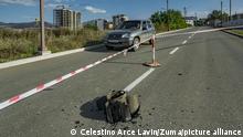 October 9, 2020, Stepanakert, Nagorno Karabakh: A car passes near an unexploded azeri rocket nailed on the ground of a road in Stepanakert after being shelled by the Azerbaijan army during the combats with Nagorno Karabakh. (Credit Image: Â© Celestino Arce Lavin/ZUMA Wire |