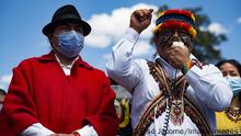 Indigenous people participate in a demonstration with representatives of the Confederation of Indigenous Nationalities of Ecuador (CONAIE), today in Quito, Ecuador 12 October 2020. 
