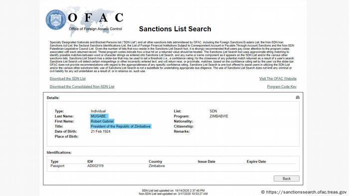 Screenshot of US sanctions list showing Zimbabwe’s deceased former ruler, Robert Mugabe