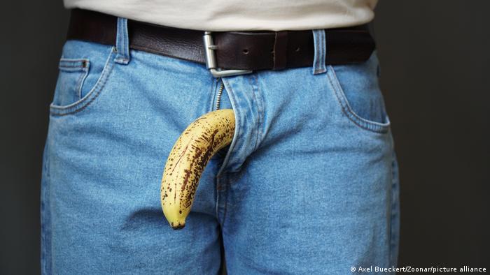 An old limp drooping banana hanging from genital area of clothed unrecognizable man. 