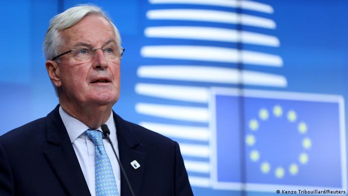 Michel Barnier stands in front of a blue screen with the EU flag on it