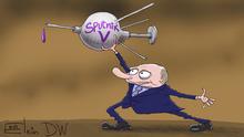 Karikatur - Vladimir Putin hält in seiner gehobenen Hand Model eins Satelliten in Form einer Spritze mit der Aufschrift Sputnik-V