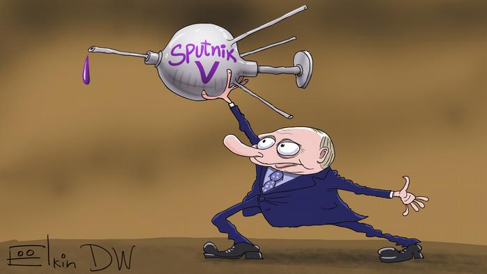 Caricature of Vladimir Putin launching a syringe marked 'Sputnik V'
