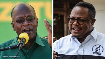 Le président John Magufuli (en vert) et son principal challenger Tundu Lissu (en blanc).