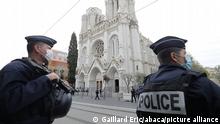 Police officers stand guard at the scene of a reported knife attack at Notre Dame church in Nice, France, October 29, 2020. France's national anti-terror prosecutors said Thursday they have opened a murder inquiry after a man killed three people at a basilica in central Nice and wounded several others. The city's mayor, Christian Estrosi, told journalists at the scene that the assailant, detained shortly afterwards by police, kept repeating 'Allahu Akbar' (God is Greater) even while under medication. He added that President Emmanuel Macron would be arriving shortly in Nice. Photo by Eric Gaillard/Pool/ABACAPRESS.COM |
