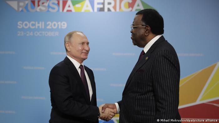 Russian President Vladimir Putin with Namibian President Hage Geingob at the 2019 Russia-Africa Economic Forum in Sochi
