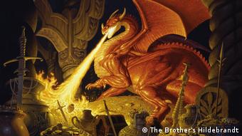 A dragon breathes fire onto golden objects