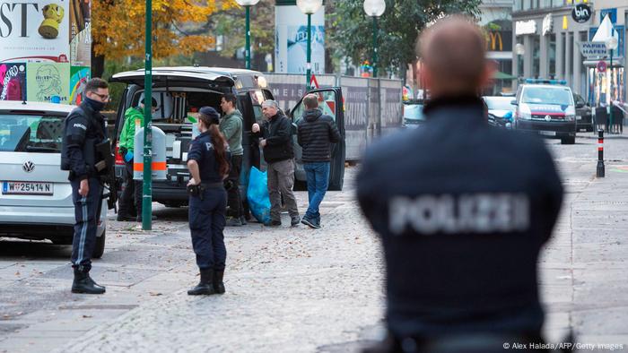 Austrian police patrol Morzinplatz, one of the areas of multiple shootings that occurred in Vienna, Austria.