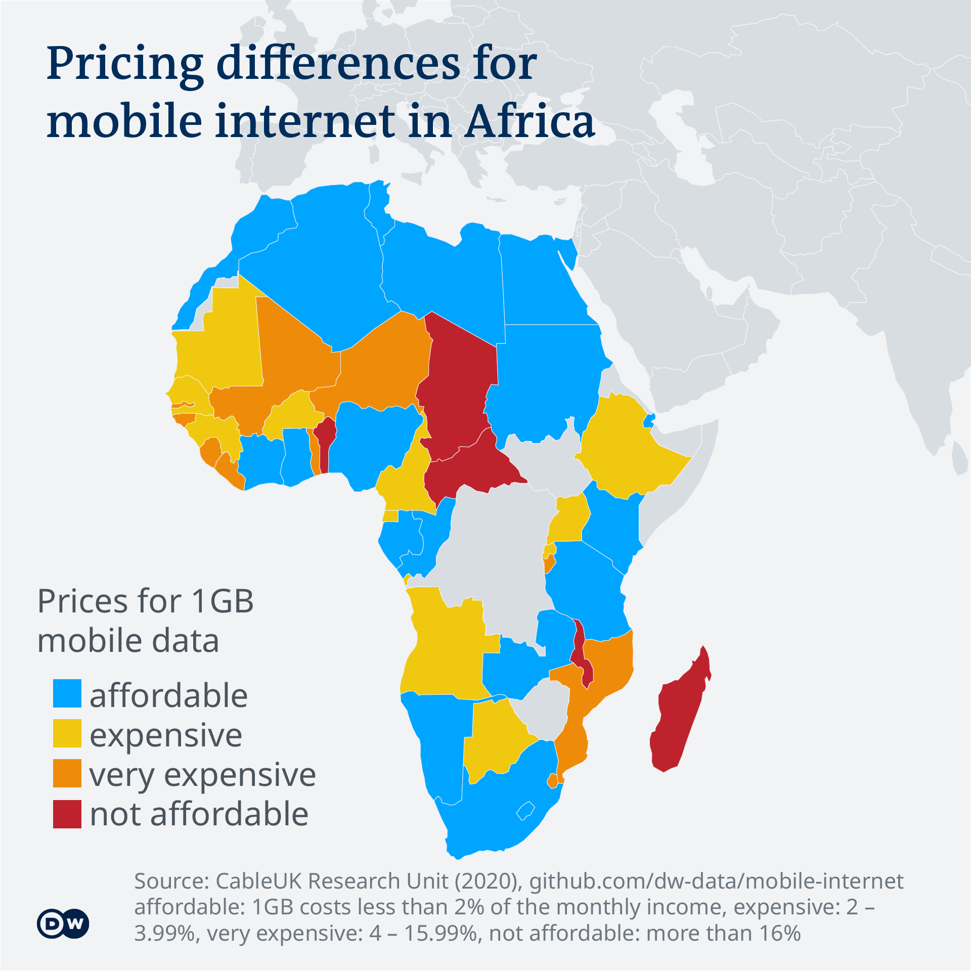 Data visualization Mobile Internet Africa - map price differences