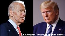 ARCHIV - 06.04.2020, USA, ---: KOMBO - Joe Biden (l), der ehemalige Vizepräsident der USA und Präsidentschaftsbewerber der US-Demokraten, spricht am 12. März 2020 in Wilmington und US-Präsident Donald Trump spricht am 5. April 2020 im Weißen Haus in Washington. (zu dpa «Bedeutung der US-Wahl für Rheinland-Pfalz») Foto: ROURKE/SEMANSKY/AP/dpa +++ dpa-Bildfunk +++