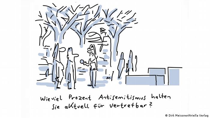 Karikatur von Dirk Meissner aus dem Buch Antisemitismus für Anfänger“: Eine Frau interviewt Passanten: Wie viel Prozent Antismitismus halten Sie aktuell für vertretbar?