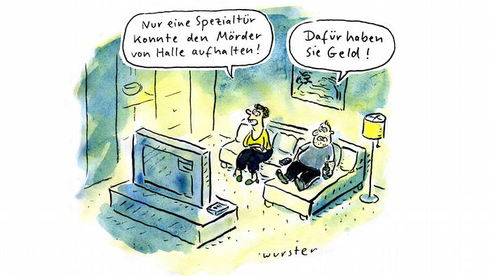 Karikatur aus dem Buch Antisemitismus für Anfänger“: Ein Mann und eine Frau sitzen vor dem Fernseher. Sie sagt: Nur eine Spezialtür konnte den Mörder von Halle aufhalten! Er erwidert: Dafür haben sie Geld!
