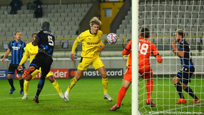 Erling Haaland scores a second goal against Club Bruges (Dean Mouhtaropoulos/Getty Images)