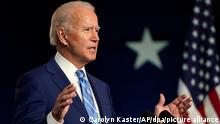 04.11.2020, USA, Wilmington: Joe Biden, Präsidentschaftskandidat der Demokraten, hält in Wilmington eine Rede. Foto: Carolyn Kaster/AP/dpa +++ dpa-Bildfunk +++