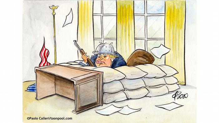 Donald Trump berusaha mempertahankan meja kerjanya. (@PaoloCalleri/Cartoon)