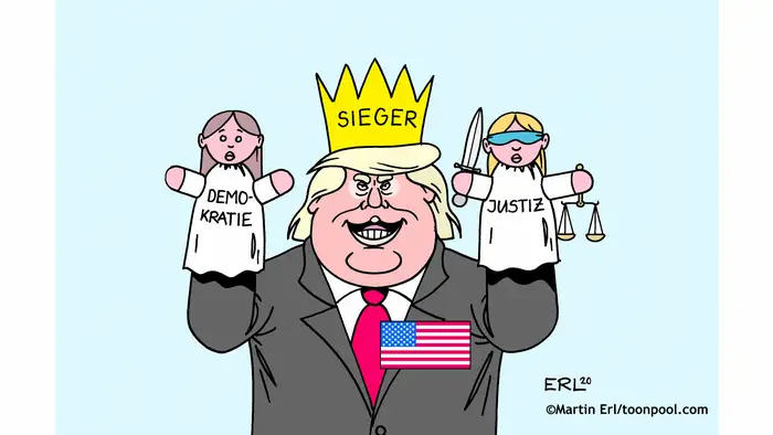 Trump hat eine Krone mit der Aufschrift Sieger auf dem Kopf und hält zwei Marionetten in der Hand, Demokratie und Justiz (@Erl/Cartoon Toonpool)