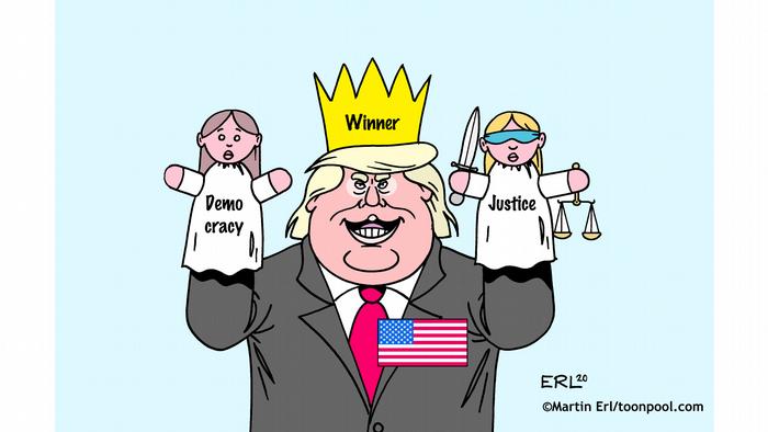 Trump sebagai dalang dengan boneka demokrasi dan keadilan di tangannya