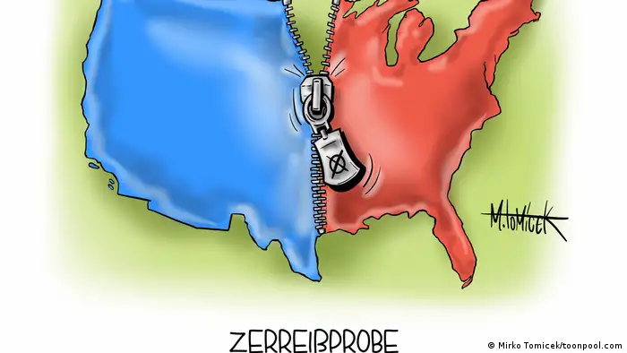 Die Landkarte der USA ist in Rot und Blau durch einen Reißverschluss getrennt @Mirco Tomicek/ Cartoon Toonpool)