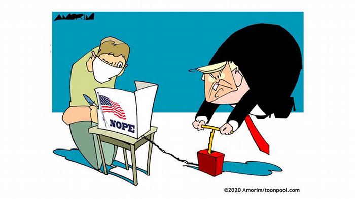 Trump mencoba meledakkan seorang pemilih yang memakai masker pelindung (@Amorim/Cartoon toonpool) 