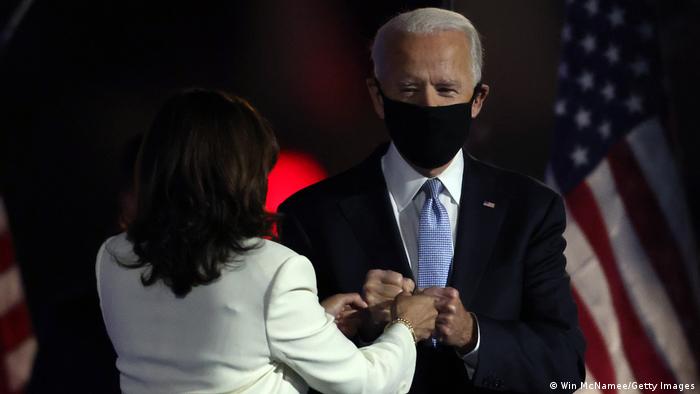 Joe Biden and Kamala Harris wearing masks at their victory speech