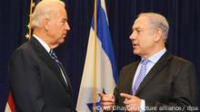 A photo provided by the Israeli government press office on 07 November 2010 shows Israeli Prime Minister Benjamin Netanyahu (R) meeting with U.S. Vice-President Joe Biden (L) in New Orleans, on 07 November 2010. EPA/AVI OHAYON / HANDOUT ISRAEL OUT EDITORIAL USE ONLY |