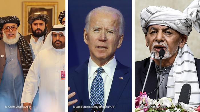 Picture collage: Taliban negotiators (left), US President Joe Biden (middle) and Afghan President Ashraf Ghani (right).