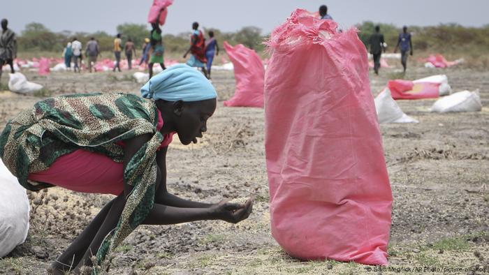 Жінка в Південному Судані підбирає зерно після того, як літаки скинули гуманітарну допомогу від Всесвітньої продовольчої програми ООН