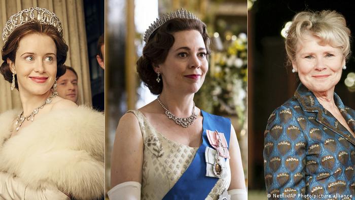 Zu sehen sind die Schauspielerinnen Claire Foy, Olivia Colman und Imelda Staunton, die hintereinander die Rolle von Queen Elizabeth II. in der Serie The Crown übernahmen.