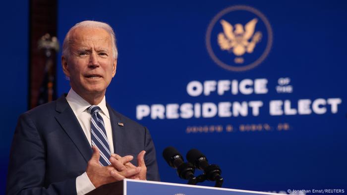 President-elect Joe Biden addresses the media at his transition headquarters in Delaware.