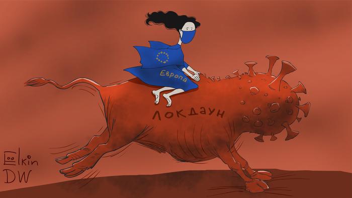 Женщина в голубом с надписью Европа едет на животном с головой, похожей на изображение ковида и надписью на нем локдаун
