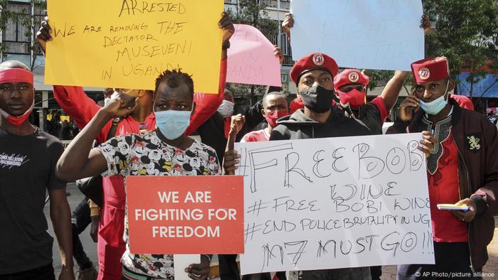 Ugandan supporters of opposition presidential candidate Bobi Wine protest his arrest