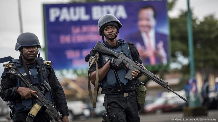 Members of the Cameroonian patrols in the Omar Bongo Square of Cameroon's majority Anglophone South West province capital Buea