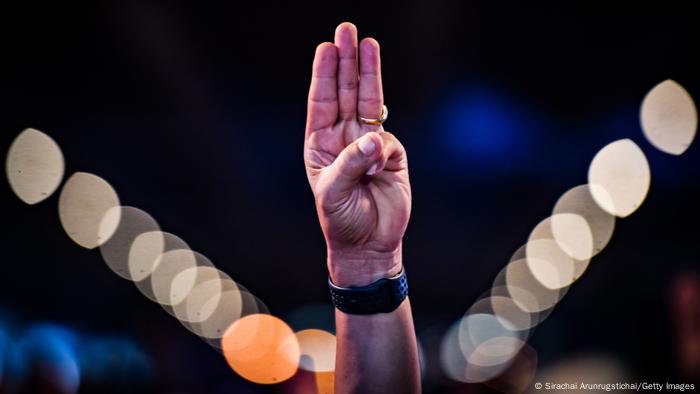 The three-finger salute from the dystopian film series The Hunger Games has become a common sight at protests. The gesture of resistance first emerged in 2014 as a form of silent defiance against the military regime led by Prayuth Chan-ocha, who seized power in a coup. Pop culture references have helped demonstrators attract public attention from both domestic and international communities. 