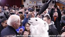 February 9, 2020, Hudson, NH, U.S: Former Vice President Joe Biden talks to an environmental activist dressed as a polar bear after a town hall campaign event in Hudson, NH, February 9, 2020. The activist, Ash Lauth from Oakland, CA, told Biden that ÃweÃre in the middle of an extinction crisis. I hear a lot of candidates talking about climate change but I donÃt hear any talk about extinction. IÃm looking for a candidate who will tackle it head on.Ã.Photo by: Michael Forster Rothbart/Zuma Press. (Credit Image: © Michael Forster Rothbart/ZUMA Wire |