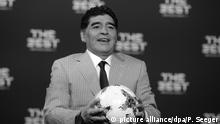 ARCHIV - FIFA, Gala zur Wahl des Weltfußballers 2016 und der Weltfußballerin 2016 am 09.01.2017 in Zürich. Der ehemalige argentinische Fußballspieler Diego Maradona kommt zur Gala. (zu dpa «Neuer Job für Maradona: Werde für «saubere» FIFA arbeiten» vom 09.02.2017) Foto: Patrick Seeger/dpa +++(c) dpa - Bildfunk+++ | Verwendung weltweit