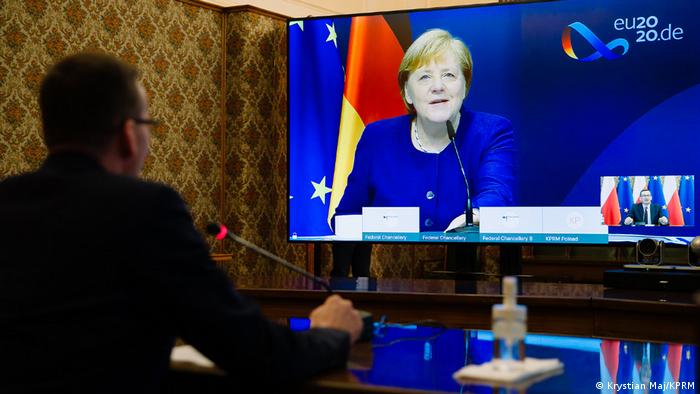 Polen Minsterpräsident Morawiecki und Kanzlerin Merkel | Videokonferenz