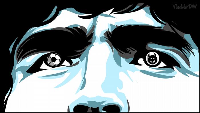 Dibujo del rostro de Diego Maradona, con una pelota de fútbol en el ojo derecho, y un diablo en el ojo izquierdo.