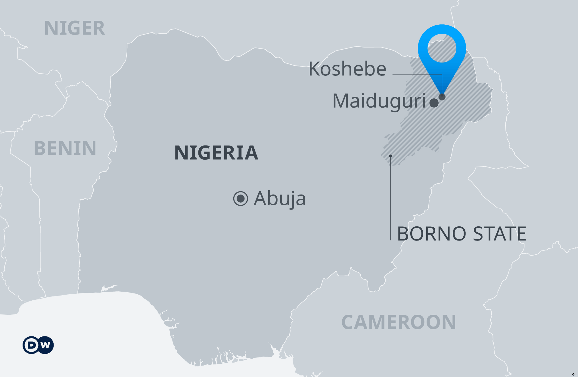 map showing Nigeria with the affected Borno State