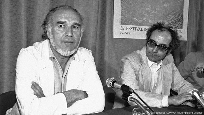 Jean-Luc Godard e o ator Michel Piccoli (esq.) no Festival de Cannes de 1982