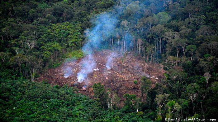 Vista aérea general de la deforestación ilegal en el Parque Nacional Natural de La Macarena, Departamento del Meta, Colombia (03.09.2021)