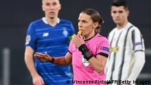 French referee Stephanie Frappart blows the whistle during the UEFA Champions League Group G football match Juventus vs Dynamo Kiev on December 2, 2020 at the Juventus stadium in Turin. (Photo by Vincenzo PINTO / AFP) (Photo by VINCENZO PINTO/AFP via Getty Images)