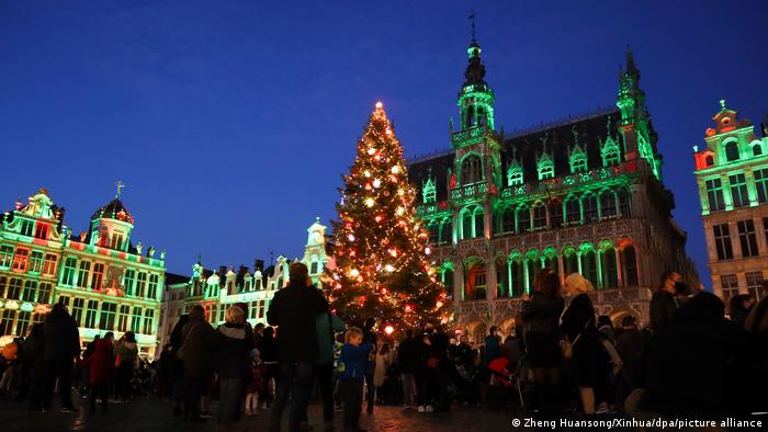 Christmas fir tree in front of the illuminated City Hall in Brussels, Belgium
