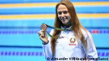 2911909 08/13/2016 Aliaksandra Herasimenia (Belarus), winner of the bronze medal in the women's individual 50m freestyle at the XXXI Summer Olympics during the medal ceremony. Alexander Vilf/Sputnik