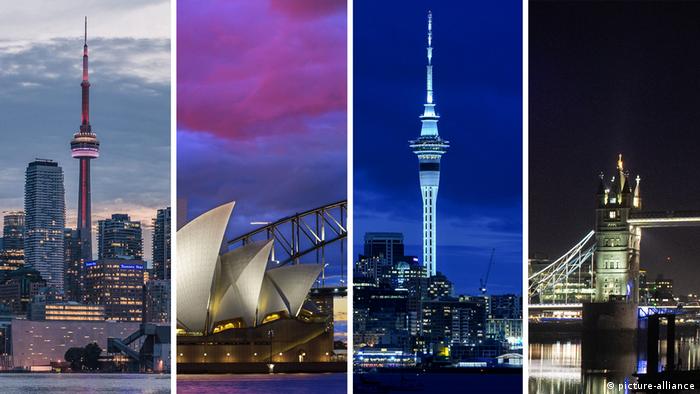 Toronto's CN tower, Sydney Opera House, the Sky Tower in Auckland and London's Tower Bridge