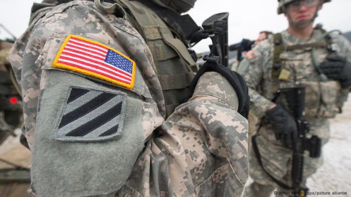 A US flag on the shoulder of a solider training in Germany